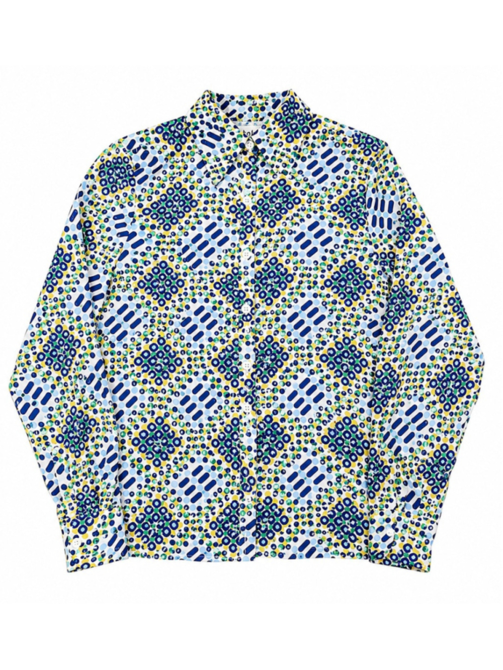 Vintage 70s Mod‎ Geometric Blouse XL Blue Green Yellow Psychedelic Shirt